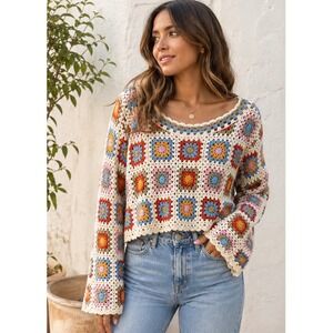 Sincerely Jules Crochet Granny Square Sweater Boho Crop Cotton Multicolor Size M